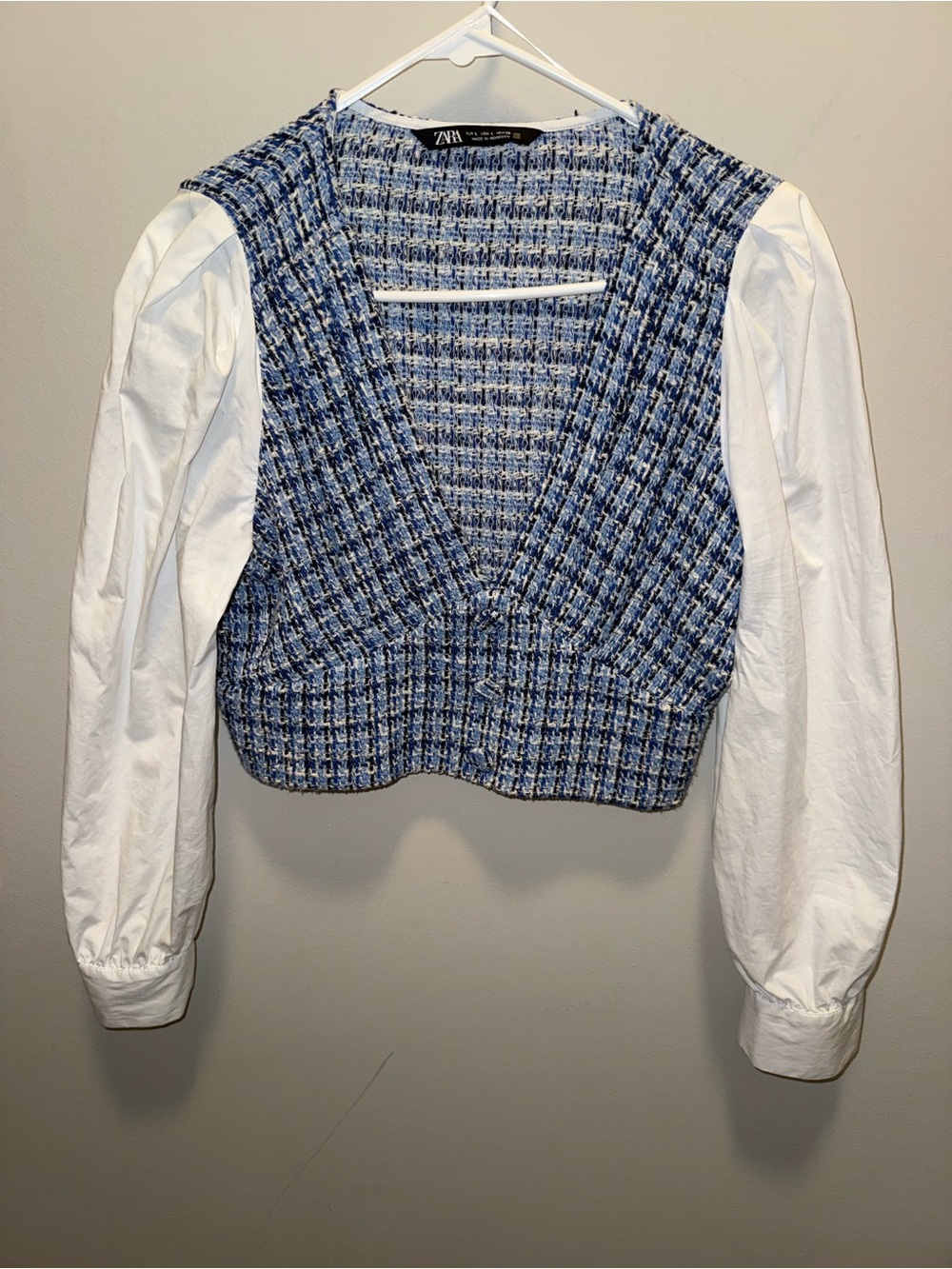 Zara Blue Tweed Crop Vest with White Puff Sleeves